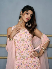 V-Neck Floral Embroidered Sequinned Detailed Kurta & Sharara With Dupatta - Inddus.com