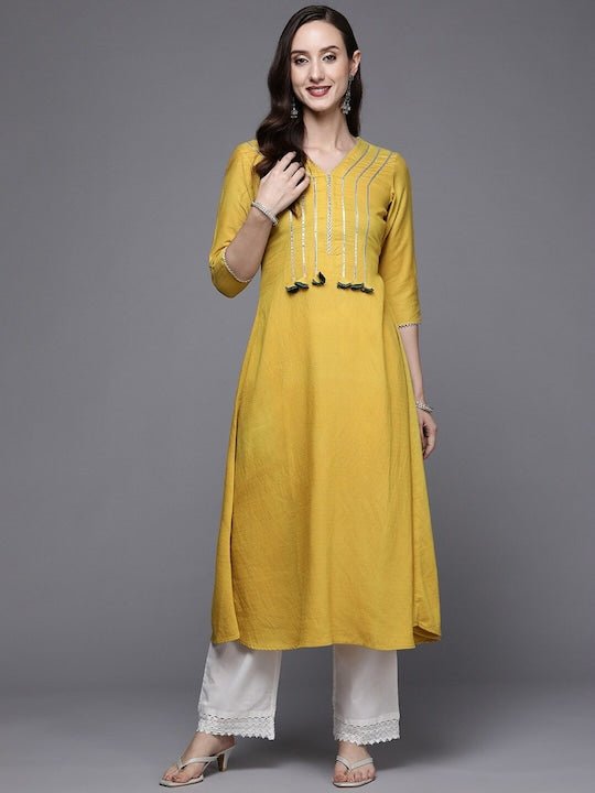 V-Neck Gotta Patti A-Line Kurta - Inddus.com