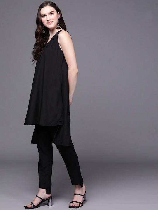 V-Neck High-Low A-Line Kurta with Trousers - Inddus.com