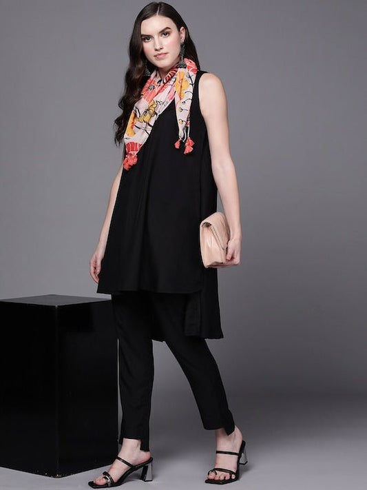 V-Neck High-Low A-Line Kurta with Trousers - Inddus.com