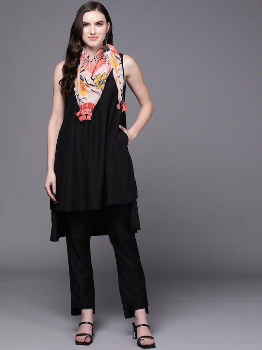 V-Neck High-Low A-Line Kurta with Trousers - Inddus.com