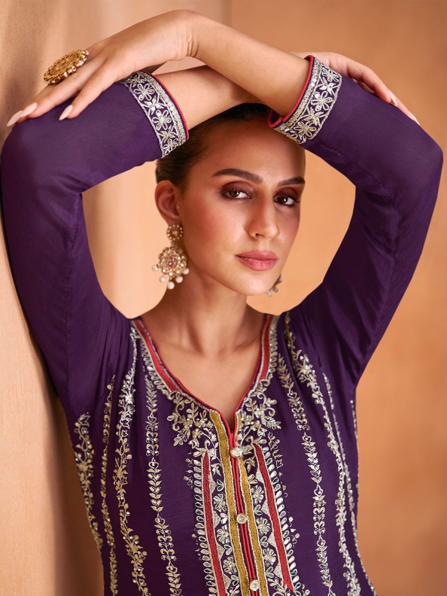 Violet Embroidered Partywear Palazzo-Suit - Inddus.com