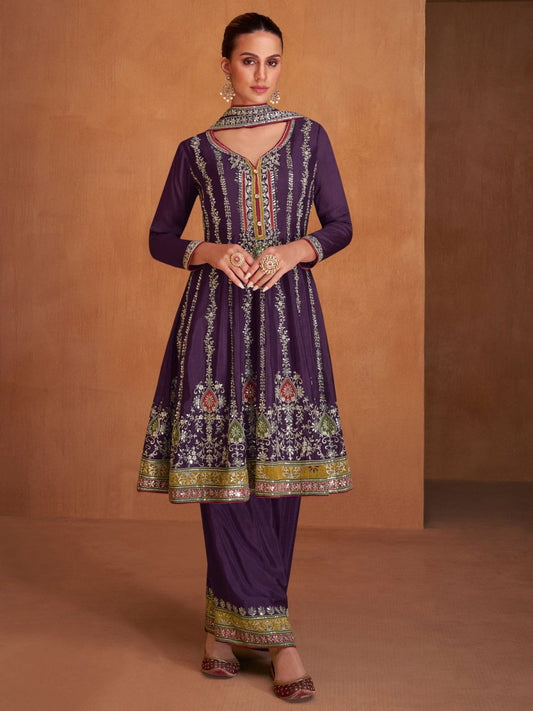 Violet Embroidered Partywear Palazzo-Suit - Inddus.com