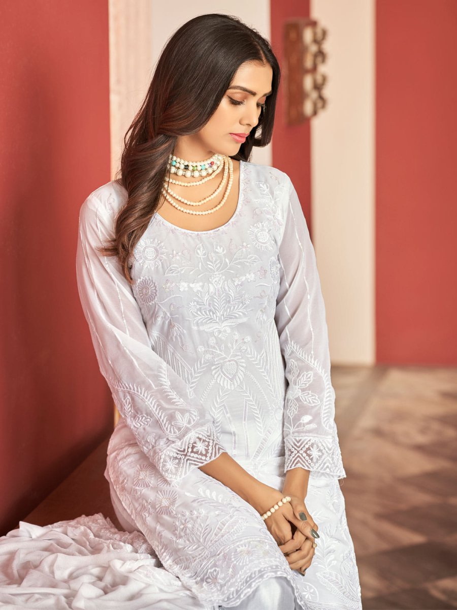 White Embroidered Festive-Wear Straight-Cut-Suit - Inddus.com