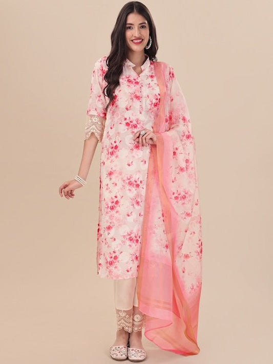 White Floral Printed Straight Kurta & Trousers With Dupatta - Inddus.com