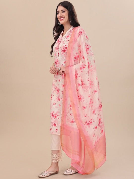 White Floral Printed Straight Kurta & Trousers With Dupatta - Inddus.com