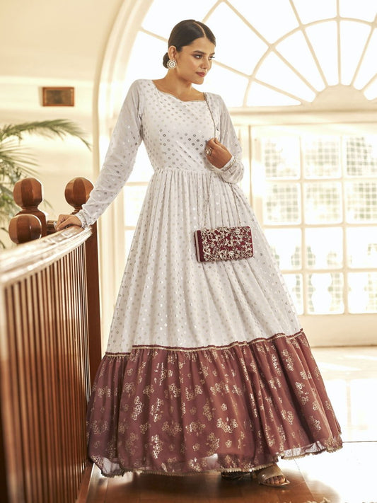 White Georgette Partywear Gown - Inddus.com