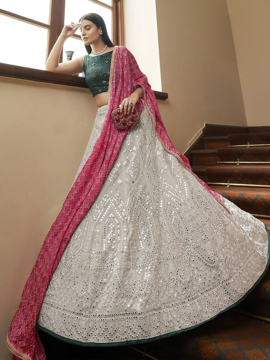 White Organza Festive Lehenga Choli - inddus-us