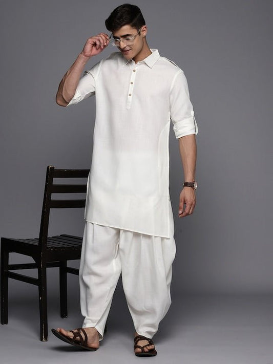 White Solid Linen Blend Pathani Kurta with Pyjamas - Inddus.com