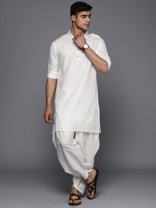 White Solid Linen Blend Pathani Kurta with Pyjamas - Inddus.com