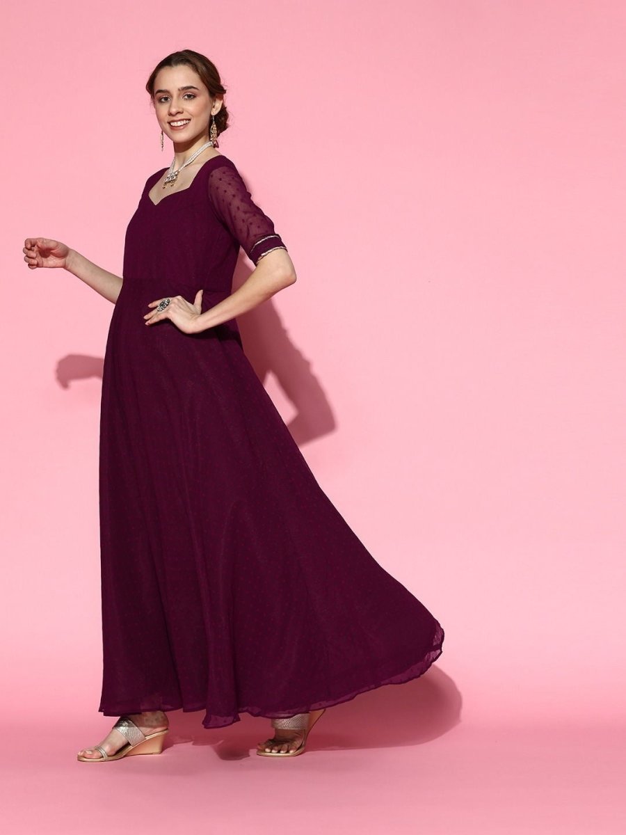 Wine Anarkali Kurta with Dupatta and Embellished Belt - Inddus.com