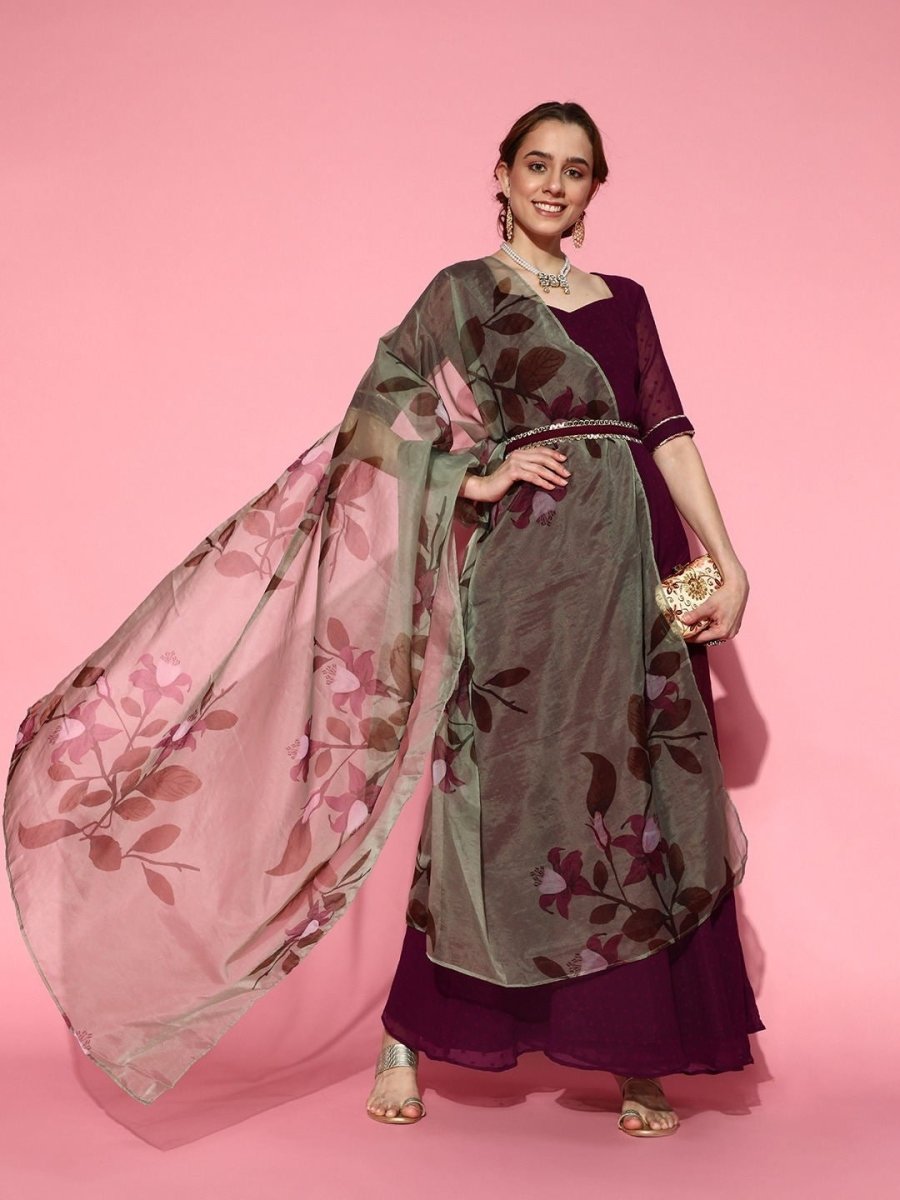 Wine Anarkali Kurta with Dupatta and Embellished Belt - Inddus.com