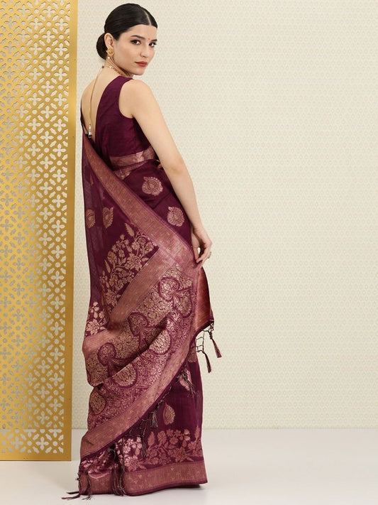 Wine and Gold Floral Embellished Zari Woven Saree - Inddus.com