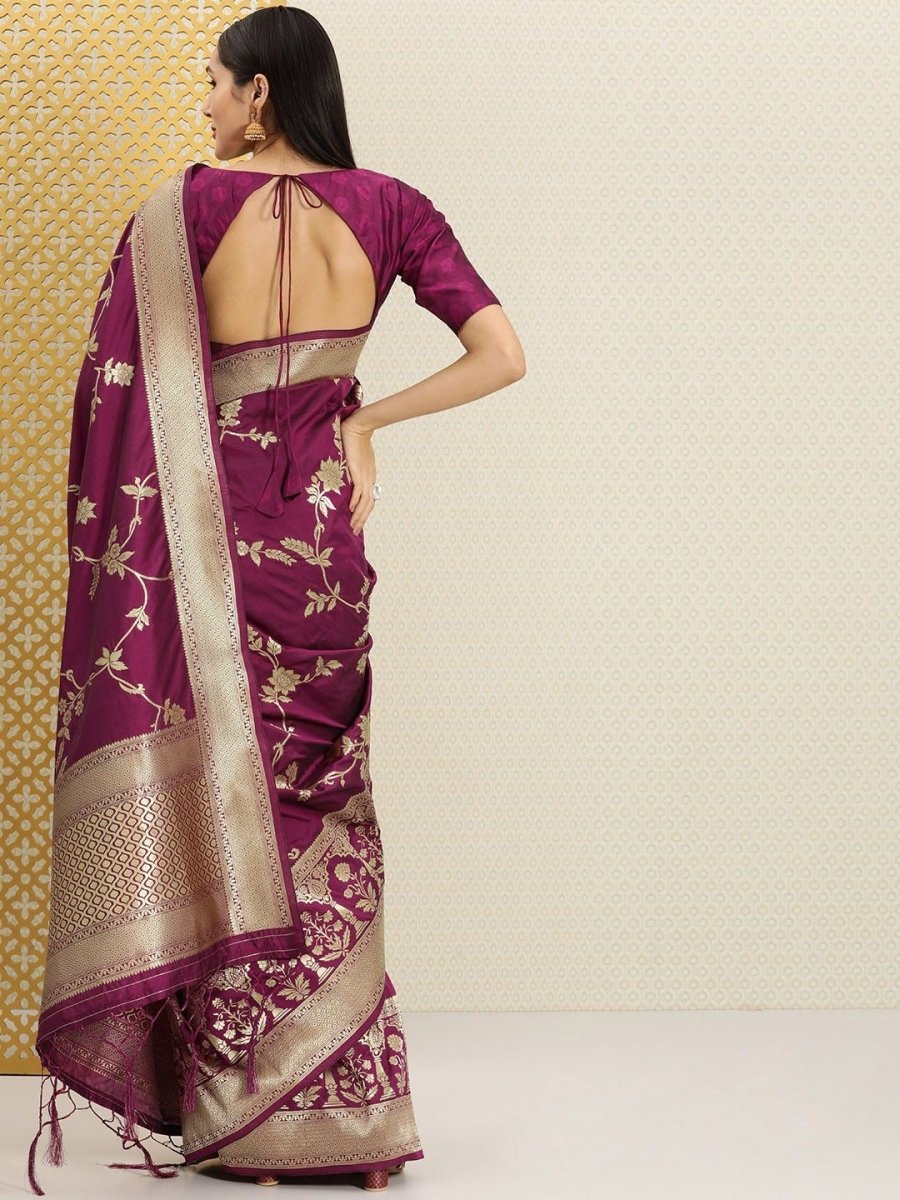 Wine and Gold Floral Zari Woven Traditional Banarasi Saree - Inddus.com