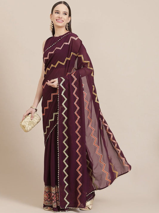 Wine Chevron Sequin Embroidered Saree - Inddus.com