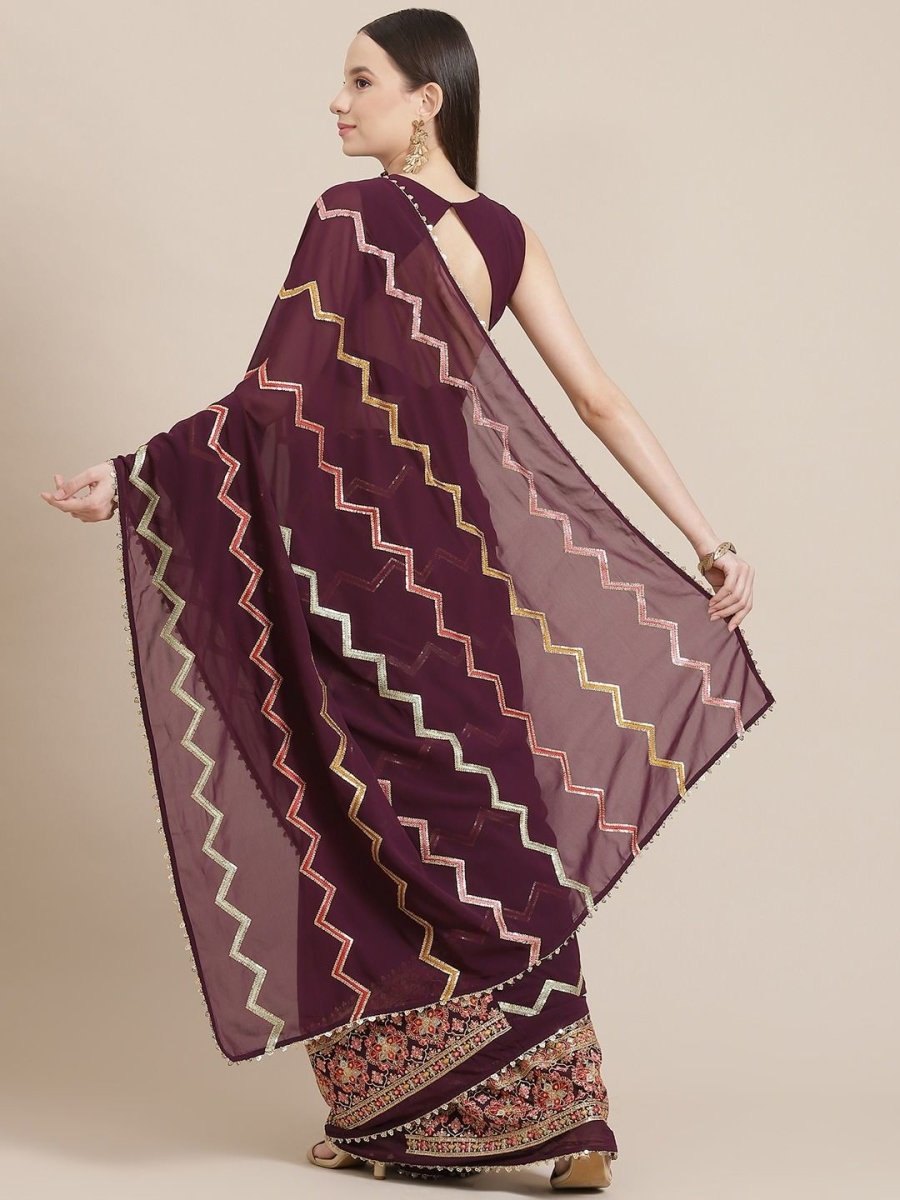 Wine Chevron Sequin Embroidered Saree - Inddus.com