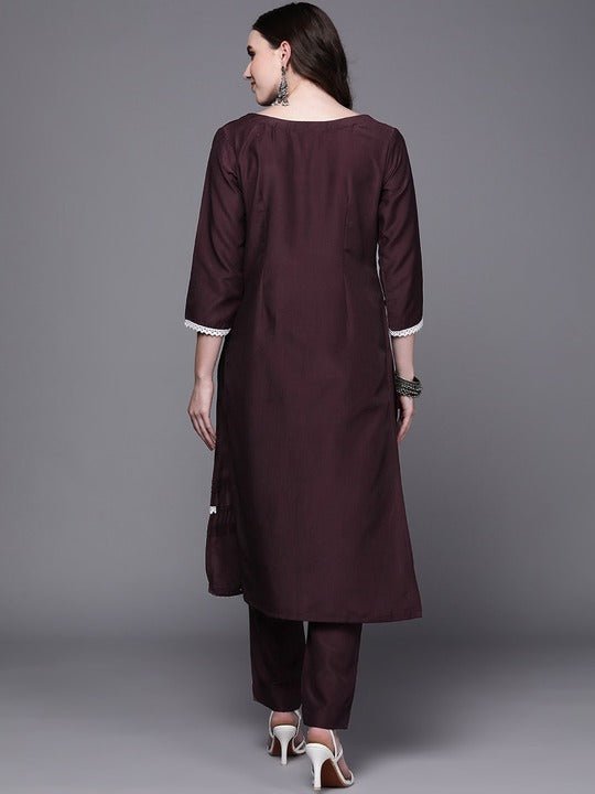 Wine-Coloured Lace Inserted Notched Neck Straight Kurta with Trousers - Inddus.com