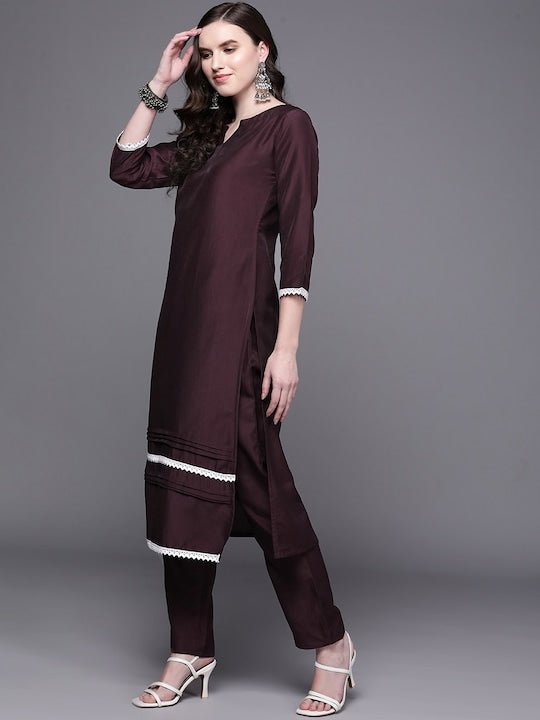 Wine-Coloured Lace Inserted Notched Neck Straight Kurta with Trousers - Inddus.com