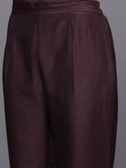 Wine-Coloured Lace Inserted Notched Neck Straight Kurta with Trousers - Inddus.com