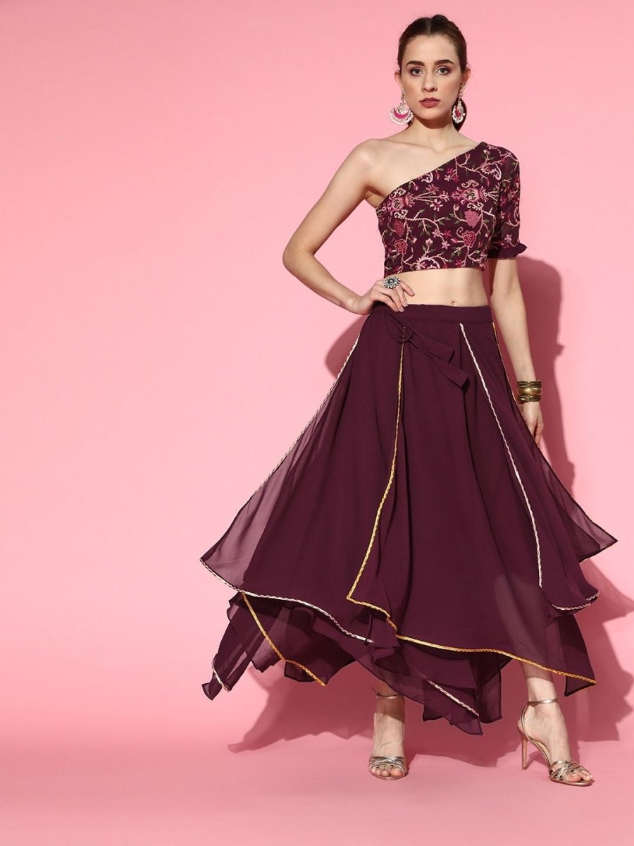 Wine Embroidered Crop Top with Layered Skirt - Inddus.com