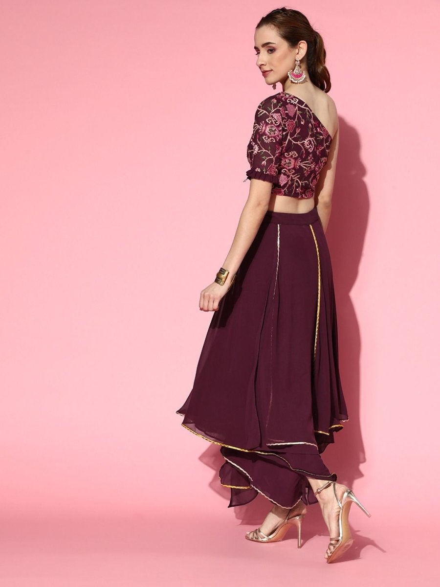 Wine Embroidered Crop Top with Layered Skirt - Inddus.com