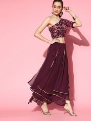 Wine Embroidered Crop Top with Layered Skirt - Inddus.com