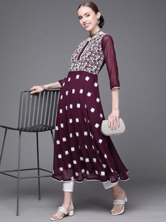 Wine Embroidered Kurta - Inddus.com