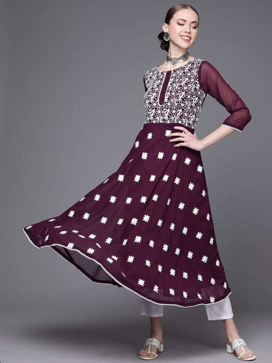 Wine Embroidered Kurta - Inddus.com