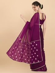 Wine Embroidered Silk Blend Saree - Inddus.com