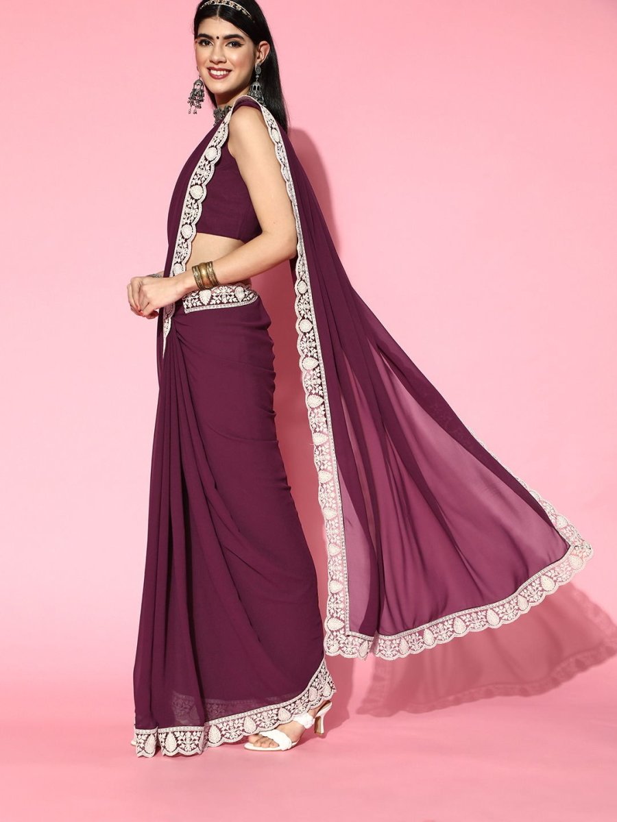 Wine Georgette Saree with Blouse Piece - Inddus.com