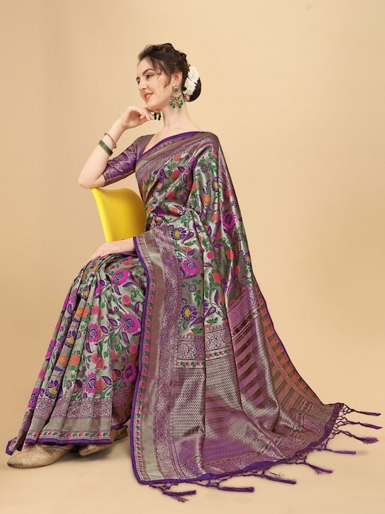 Wine & Green Floral Zari Silk Blend Saree - Inddus.com