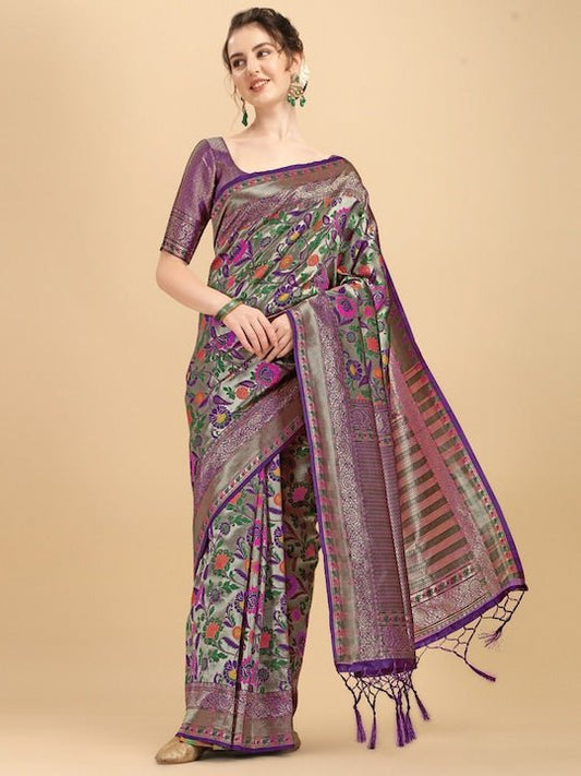 Wine & Green Floral Zari Silk Blend Saree - Inddus.com