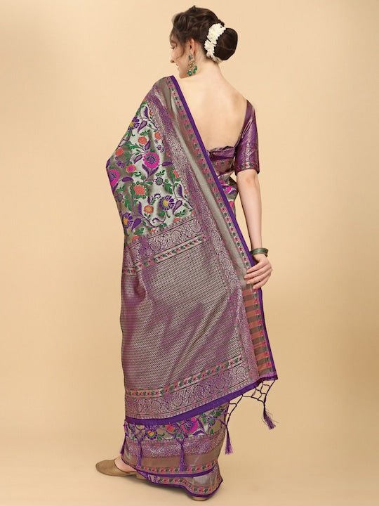 Wine & Green Floral Zari Silk Blend Saree - Inddus.com