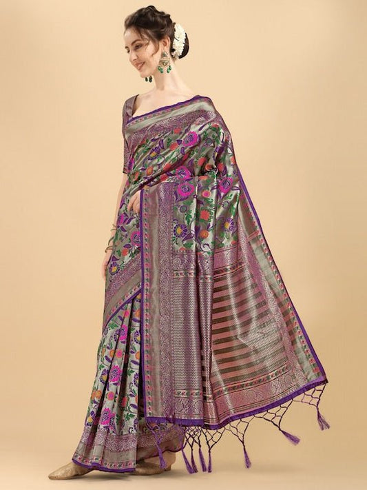 Wine & Green Floral Zari Silk Blend Saree - Inddus.com