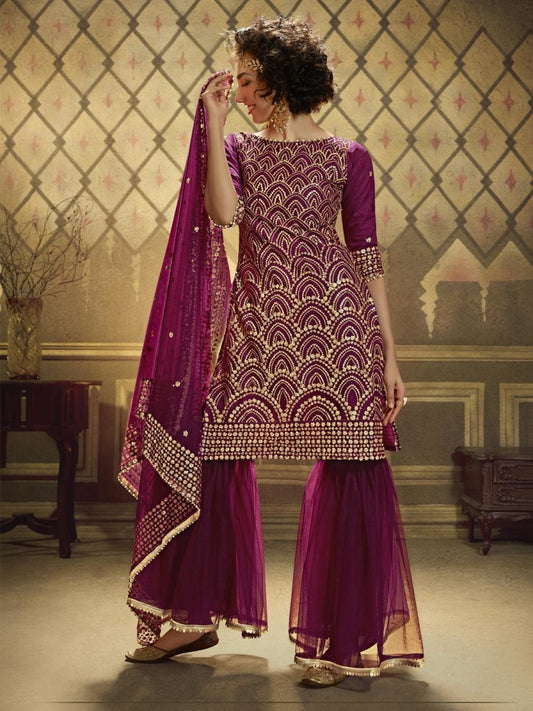 Wine Net Embroidered Partywear Sharara Suit - inddus-us