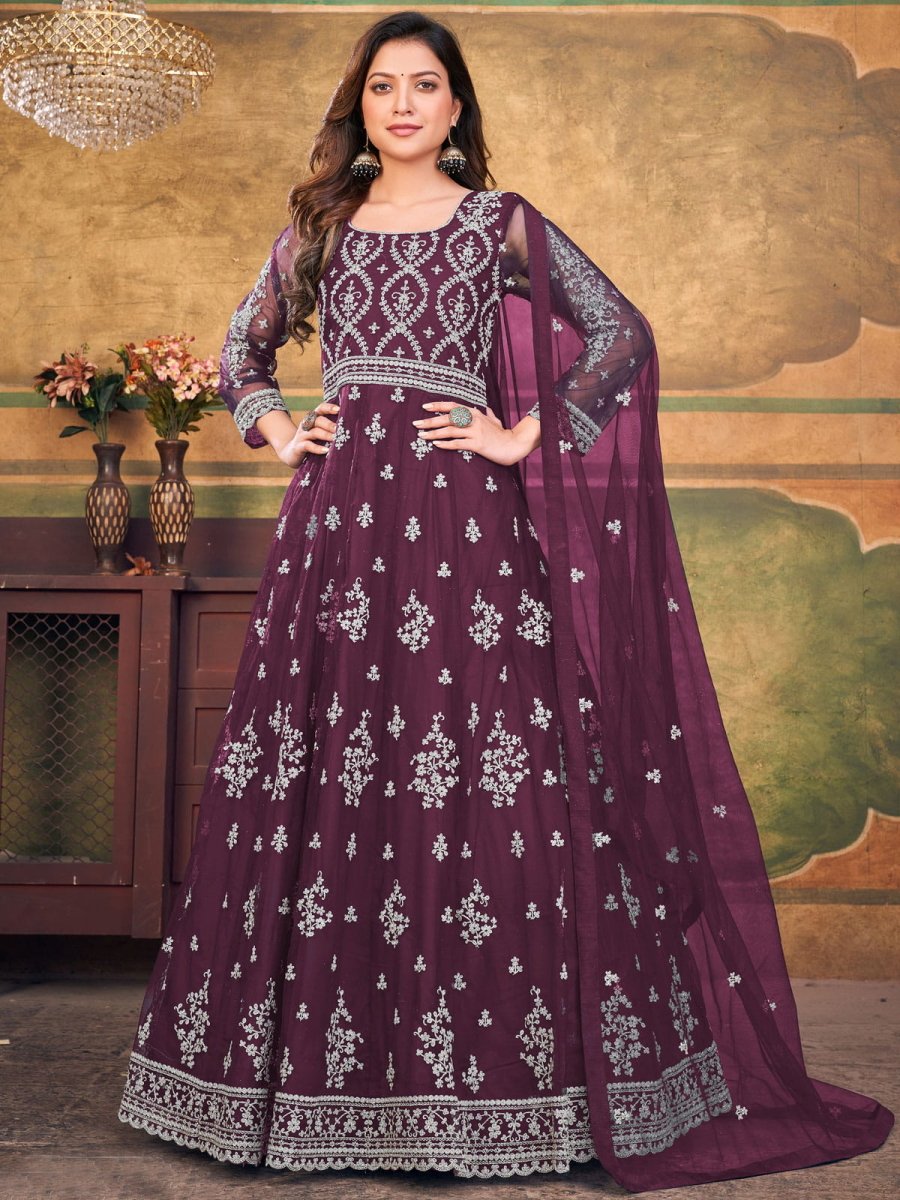 Wine Net Partywear Anarkali-Suit - Inddus.com