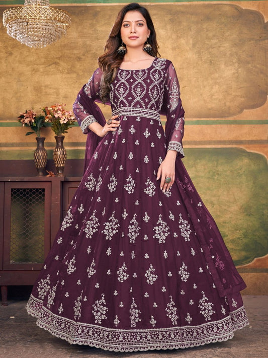 Wine Net Partywear Anarkali-Suit - Inddus.com