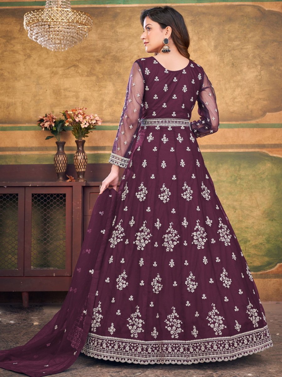 Wine Net Partywear Anarkali-Suit - Inddus.com