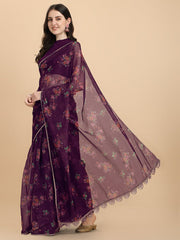 Wine Printed Organza Saree - Inddus.com