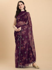 Wine Printed Organza Saree - Inddus.com