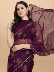 Wine Printed Organza Saree - Inddus.com