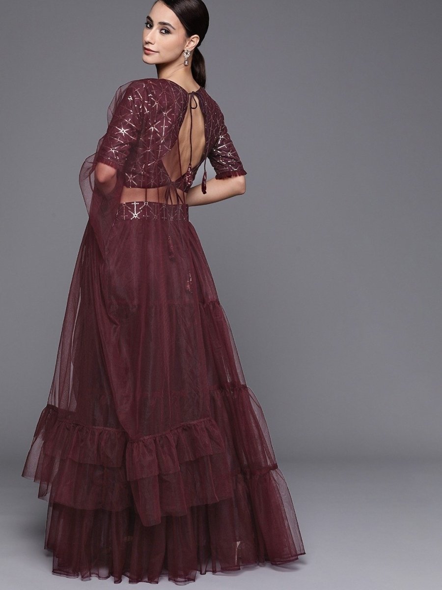 Wine Semistitched Lehenga with Sequinned Embroidered Blouse and Net Dupatta - inddus-us