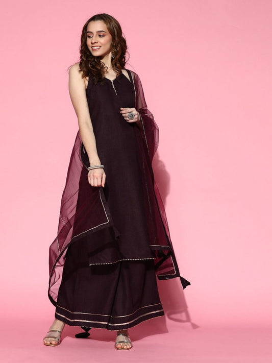 Wine Solid Gotta Patti Detail Kurta with Palazzo and Net Dupatta - Inddus.com