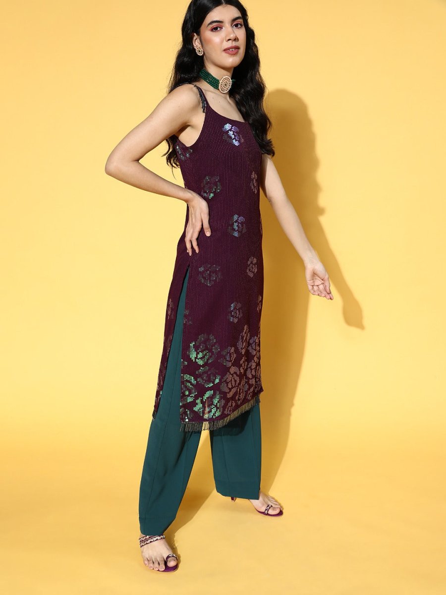 Wine Striped Georgette Sequinned Embroidered Kurta - Inddus.com