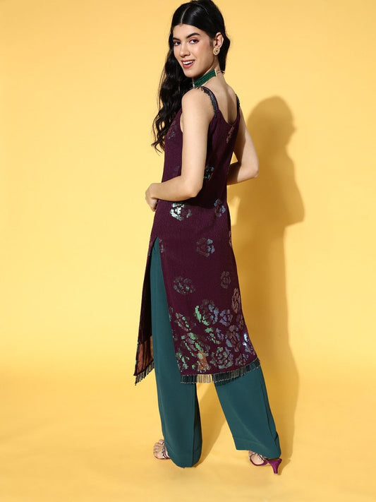 Wine Striped Georgette Sequinned Embroidered Kurta - Inddus.com