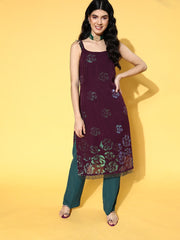 Wine Striped Georgette Sequinned Embroidered Kurta - Inddus.com