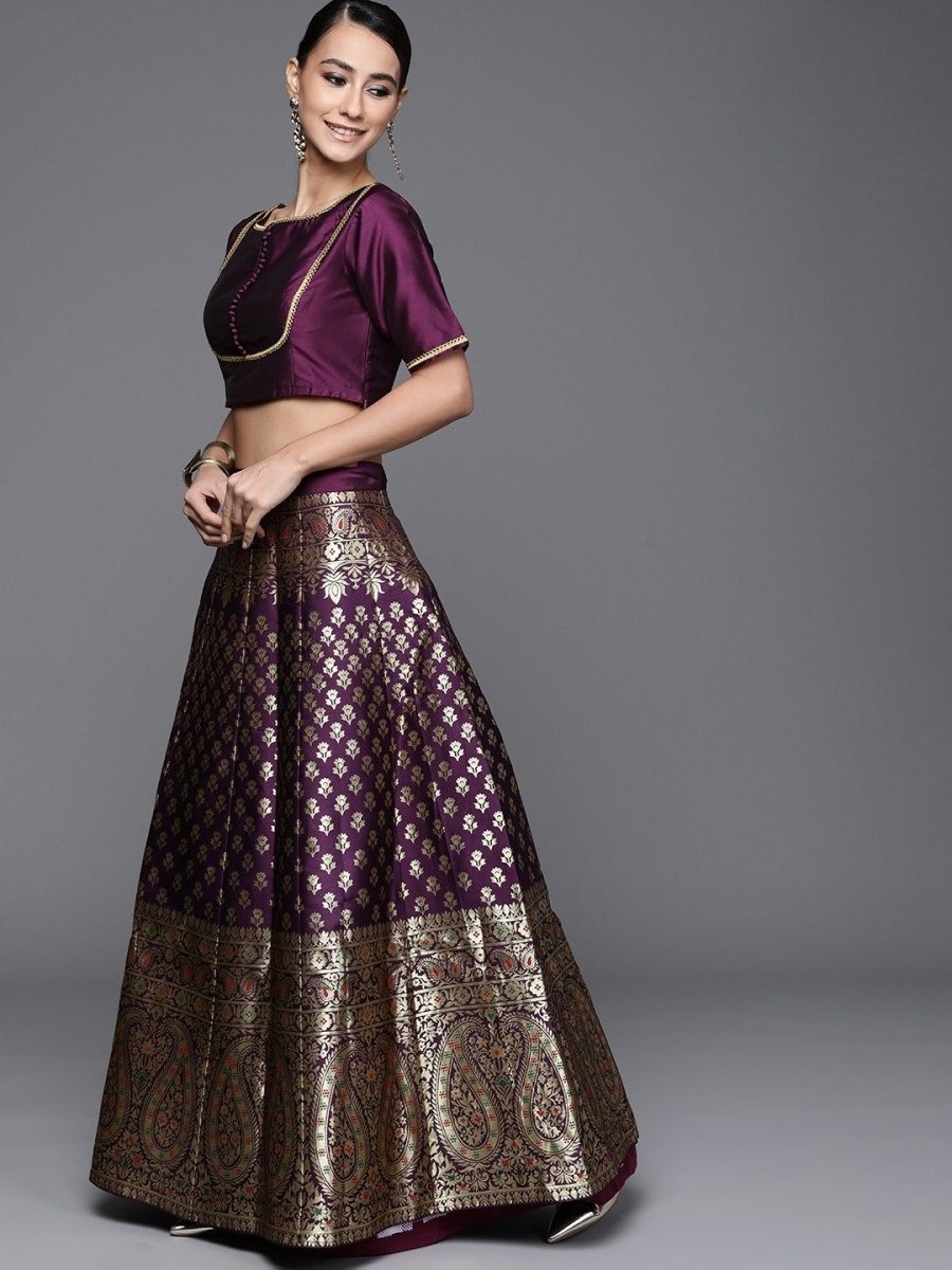 Wine Woven SemiStitched Lehenga with Blouse and Dupatta - inddus-us