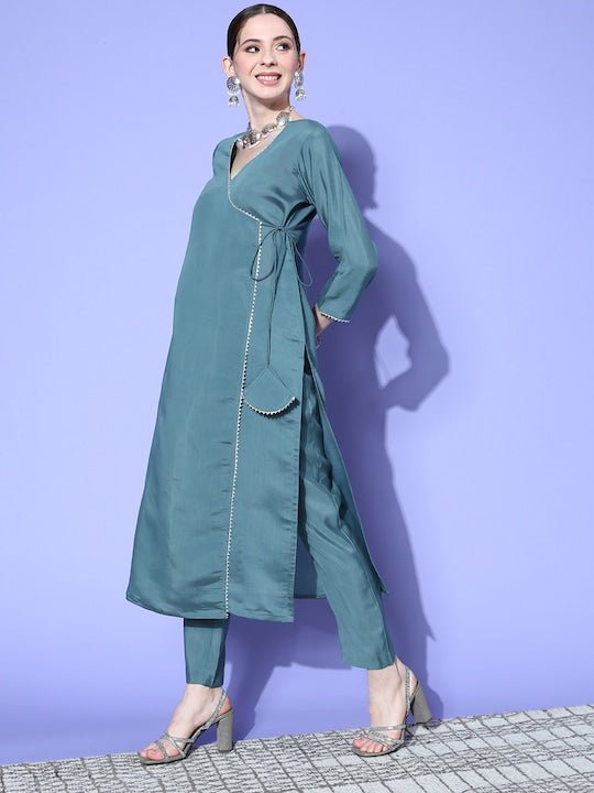 Women Angrakha Gotta Patti Chanderi Cotton Kurta with Trousers - Inddus.com