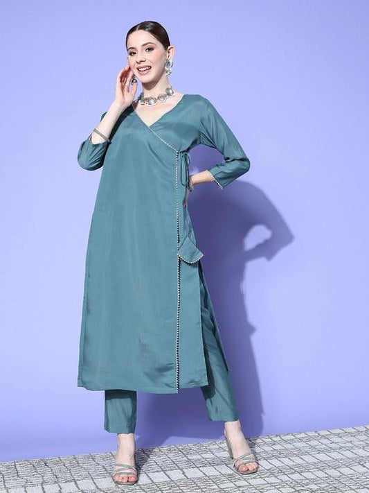 Women Angrakha Gotta Patti Chanderi Cotton Kurta with Trousers - Inddus.com