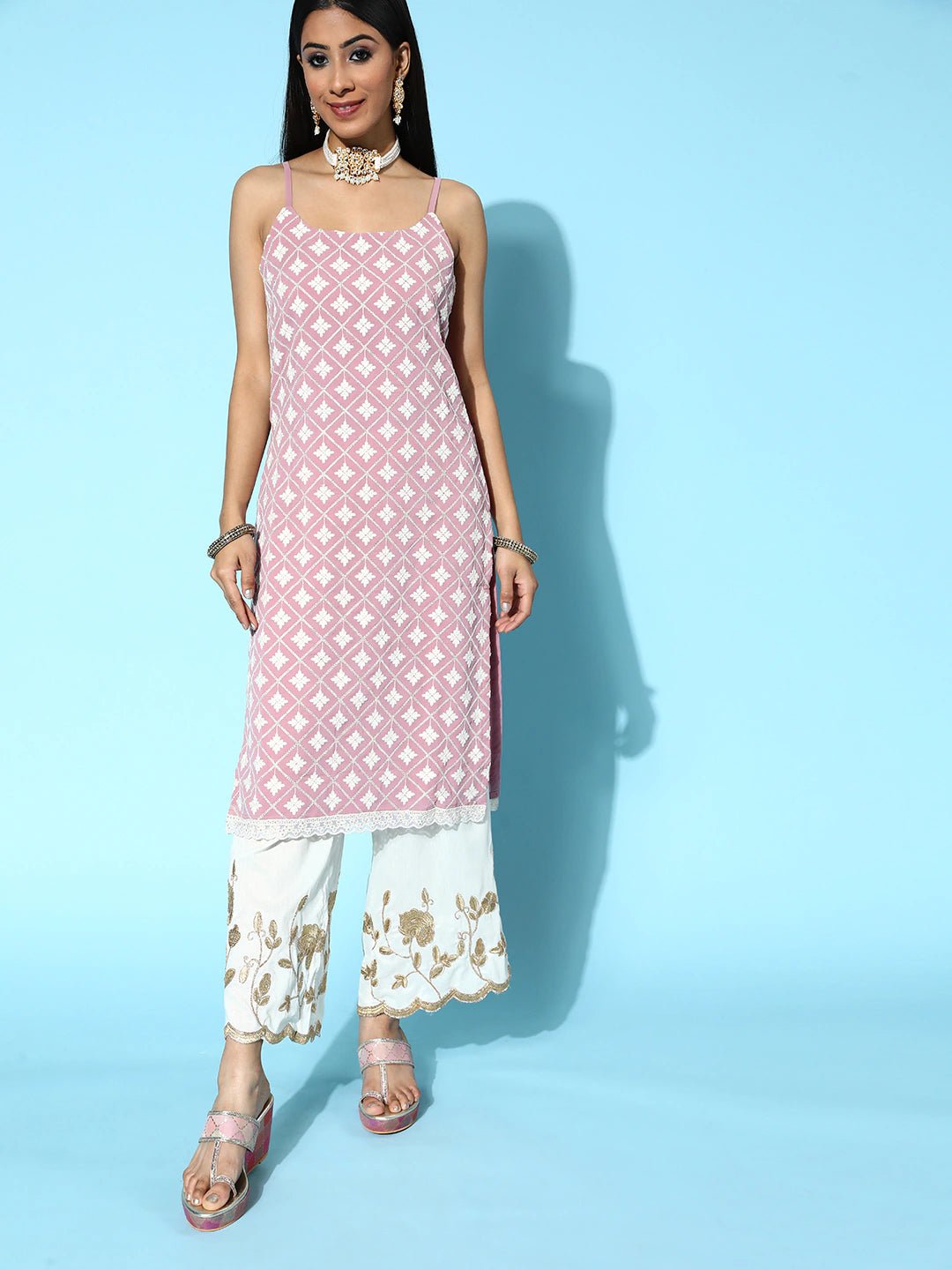 Women Attractive Rose Georgette Scalloped Edge Kurta - Inddus.com